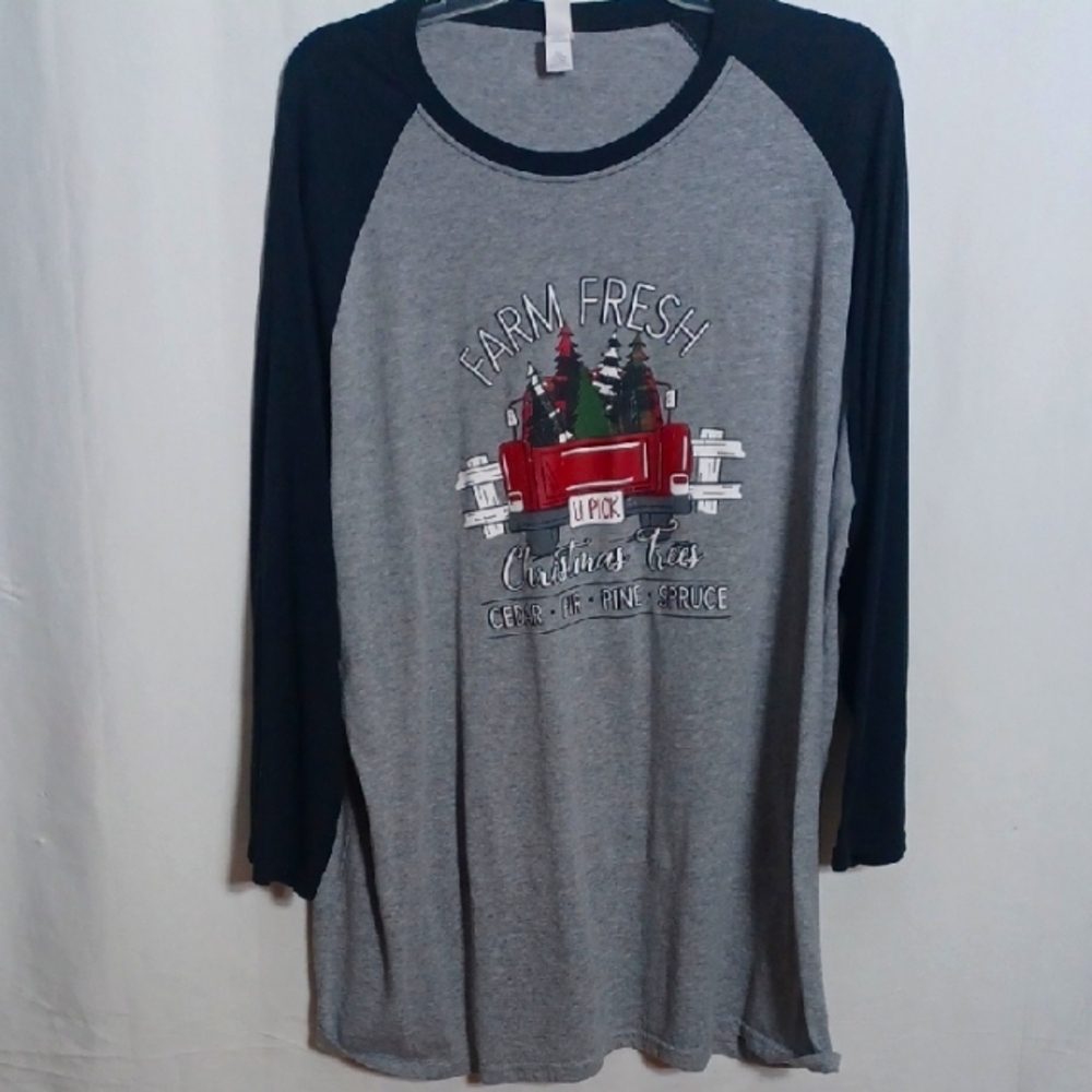 Jerzees Gray and Black Long Sleeve Tee Farm Fresh Christmas Trees Size 3X